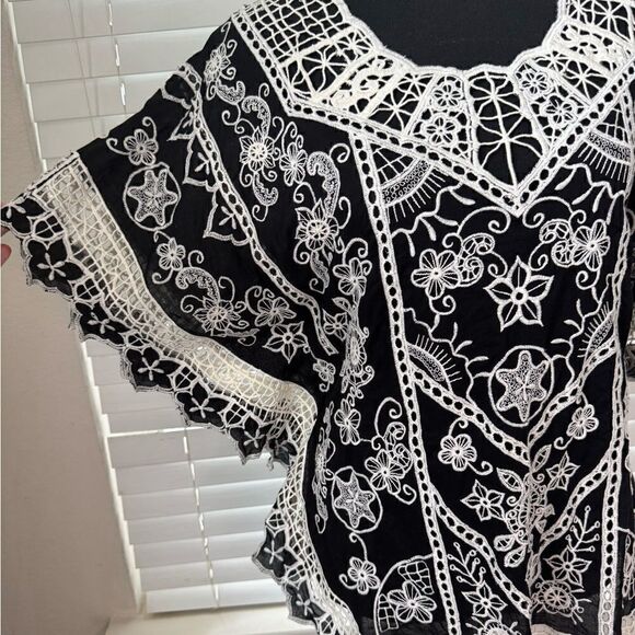 Yoana Baraschi Women’s M Black White Embroidered Crochet Tunic Top Boho Style - Picture 5 of 9